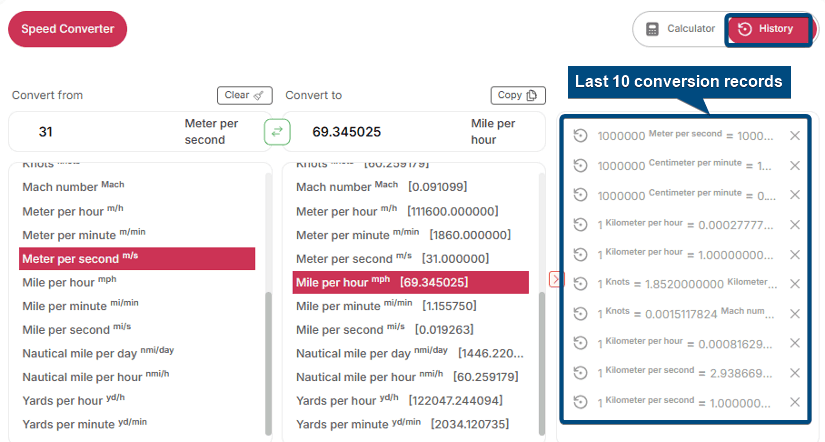 Recent 10 conversion history
