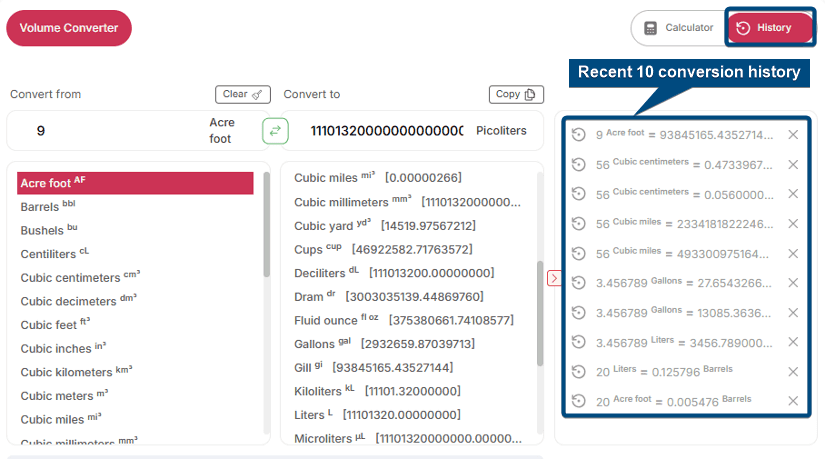 Recent 10 conversion history