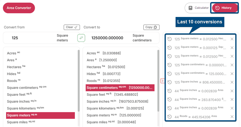 Last 10 conversion history