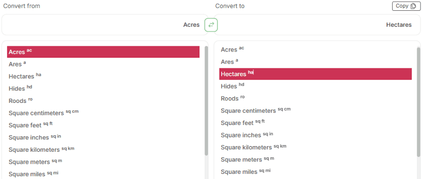 Select the source and target area units