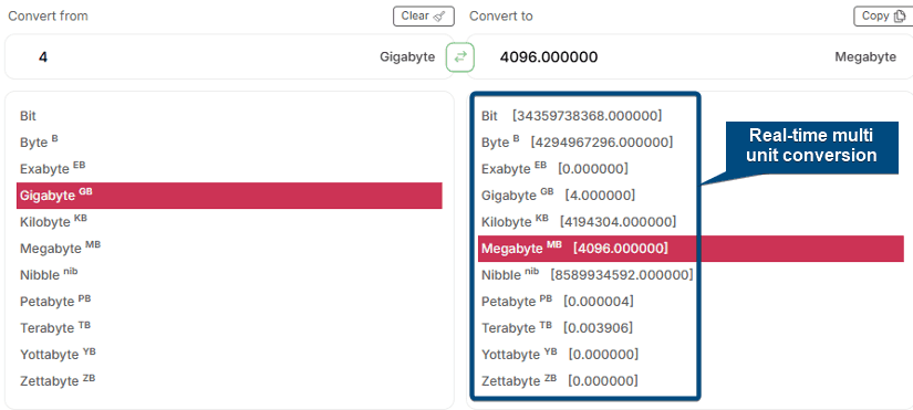 Real-time multi unit conversion