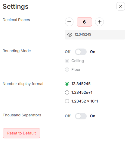 Settings menu of data storage conversion calculator