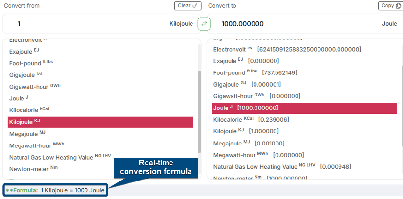 Select source and target energy units