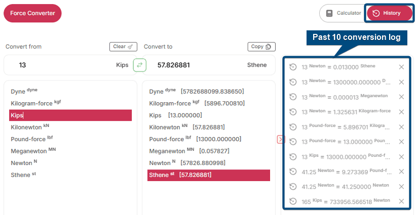 Last 10 conversion history