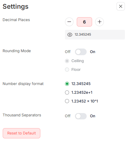 Pressure Conversion Calculator Settings Menu