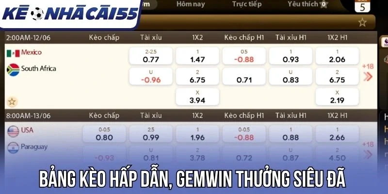 Bảng kèo hấp dẫn, Gemwin thưởng siêu đã 